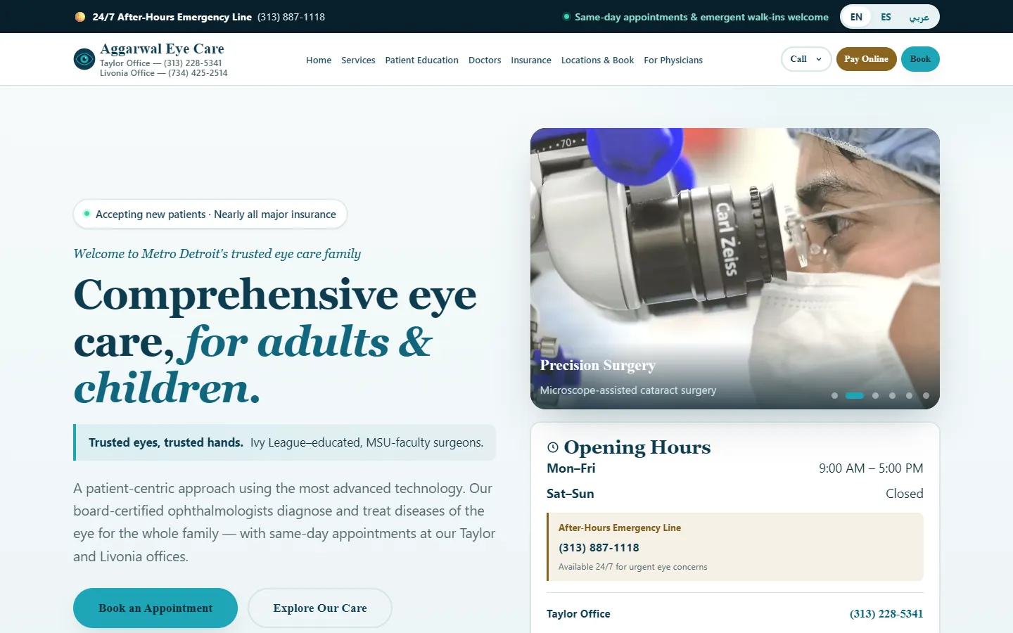 The new Aggarwal Eye Care home page built by Digital Reforge