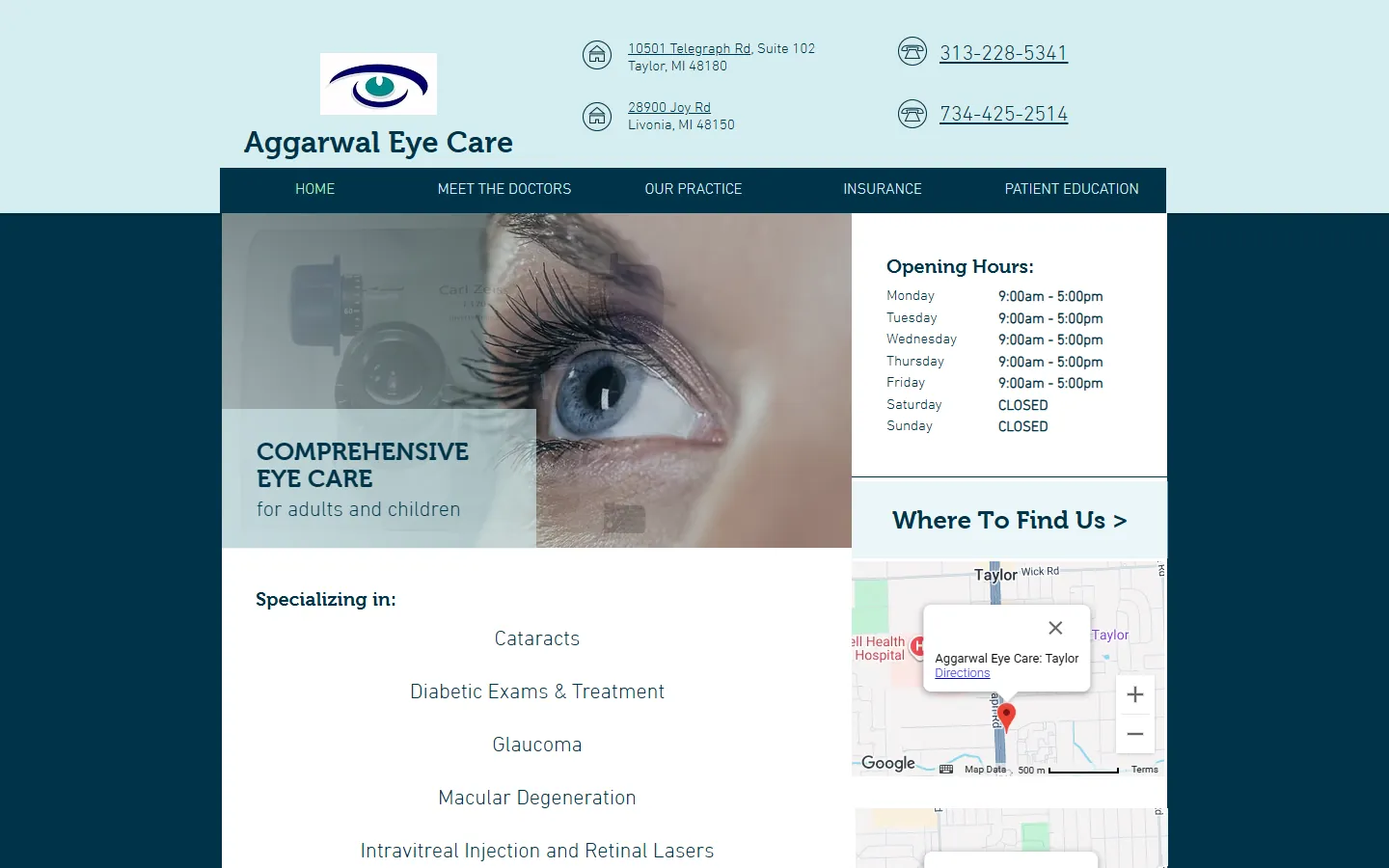 The previous Aggarwal Eye Care home page on Wix